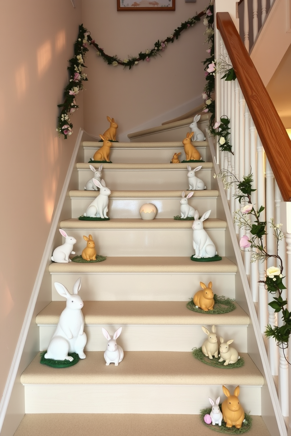 A charming staircase adorned with bunny figurines on each step, creating a whimsical and festive atmosphere. The bunnies are crafted from various materials, including ceramic and plush, in pastel colors that complement the spring theme. Delicate garlands of flowers and greenery are draped along the banister, enhancing the Easter decor. Soft lighting illuminates the staircase, casting a warm glow on the playful decorations.