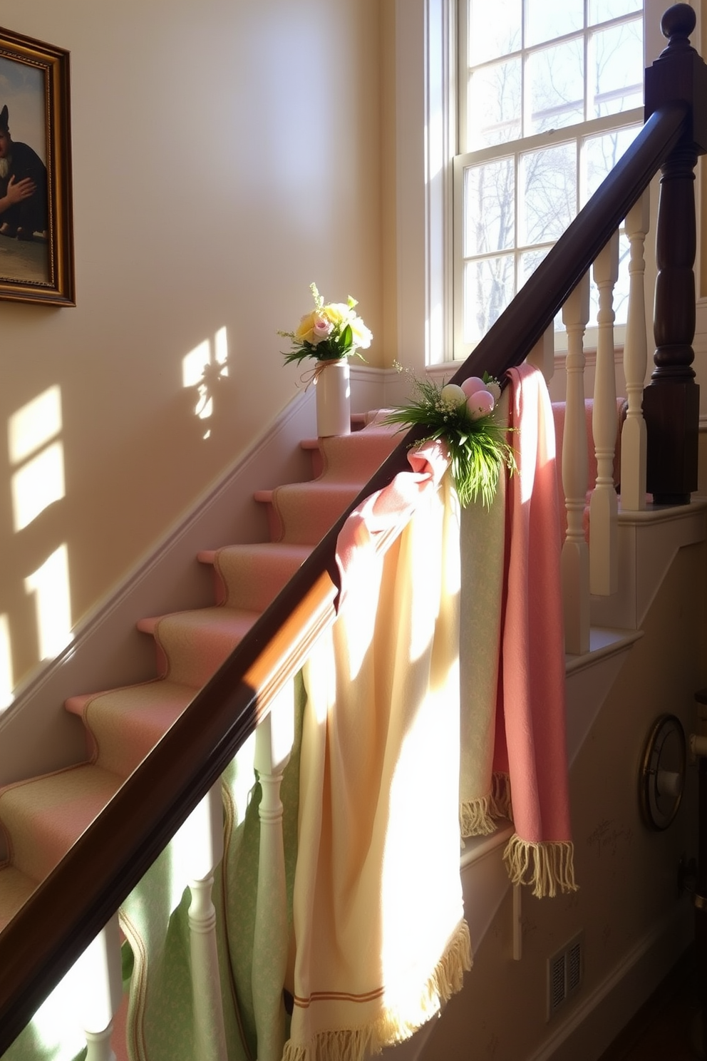 A charming staircase adorned with seasonal throw blankets in pastel colors draped elegantly over each step. The warm sunlight filters through a nearby window, casting a soft glow on the festive Easter decorations that include floral arrangements and colorful eggs placed strategically along the railing.