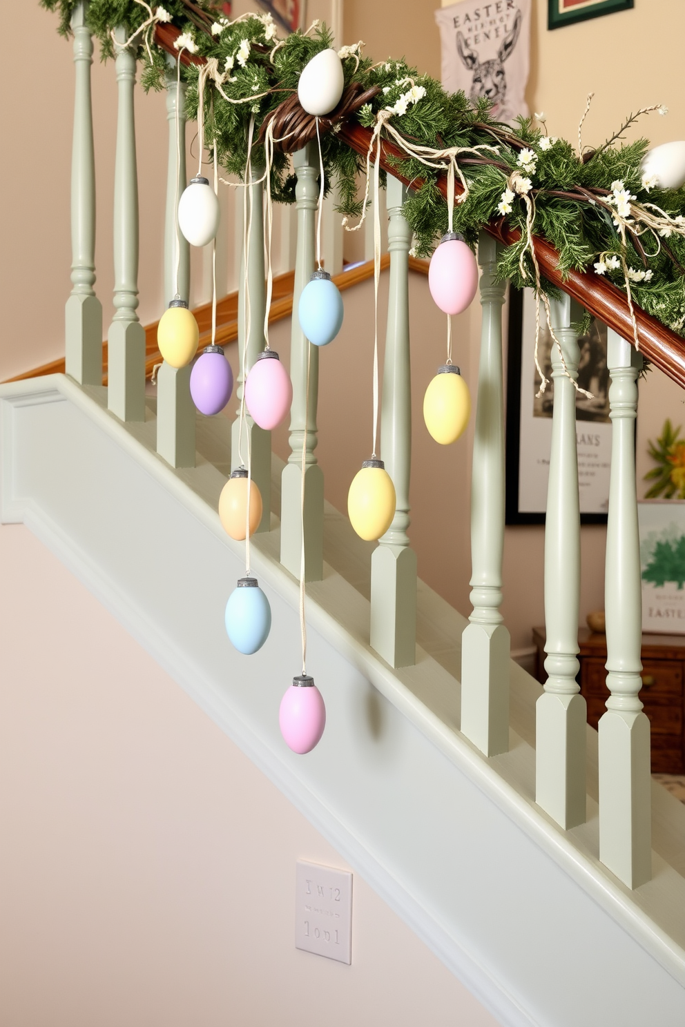 A beautifully decorated staircase adorned with lighted garland that creates a warm and festive glow. The garland is lush and green, intertwined with twinkling white lights, enhancing the charm of the staircase. Easter decorations are artfully arranged along the staircase, featuring pastel-colored eggs and cheerful bunnies. Fresh flowers in vibrant hues are placed in decorative vases, adding a touch of springtime elegance to the festive display.