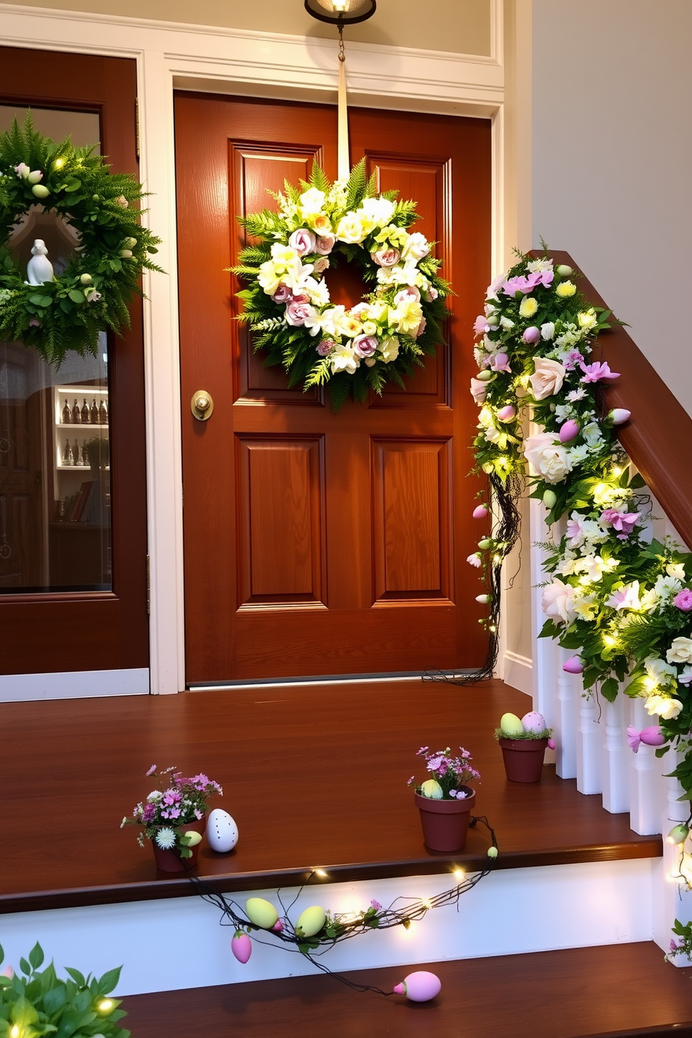 A charming spring-themed wreath adorns the front door, crafted from vibrant flowers and lush greenery. The wreath features pastel colors that evoke the essence of the season, welcoming guests with a cheerful touch. The staircase is elegantly decorated with garlands of fresh blooms and twinkling fairy lights. Each step is accented with small potted plants and colorful Easter eggs, creating a festive atmosphere that brings joy to the home.