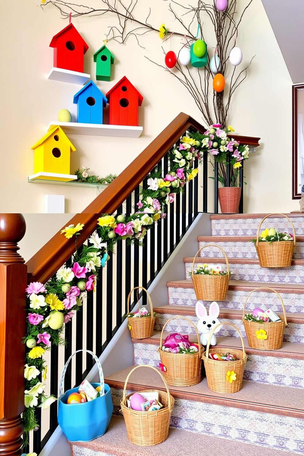 Brightly colored birdhouses as decor. The birdhouses are crafted from wood and painted in vibrant hues of red, blue, yellow, and green, arranged on shelves and hanging from branches. Staircase Easter Decorating Ideas. The staircase is adorned with pastel-colored garlands, featuring eggs and flowers, while decorative baskets filled with treats are placed on each step.