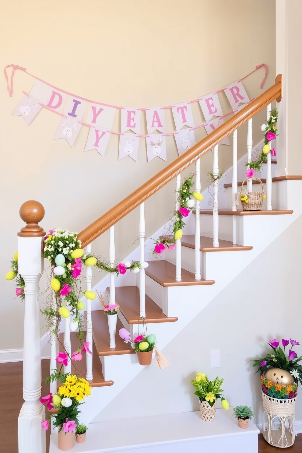 Cute bunny figurines are placed on each step of the staircase, adding a whimsical touch to the decor. The staircase is adorned with pastel-colored garlands and fresh flowers, creating a cheerful Easter atmosphere.