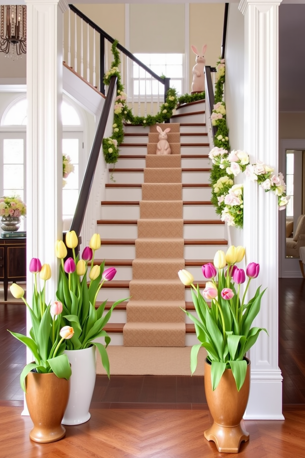 A bright and inviting entryway features fresh tulips in decorative pots placed on either side of a grand staircase. The staircase is adorned with elegant Easter decorations, including pastel-colored garlands and charming bunny figurines.