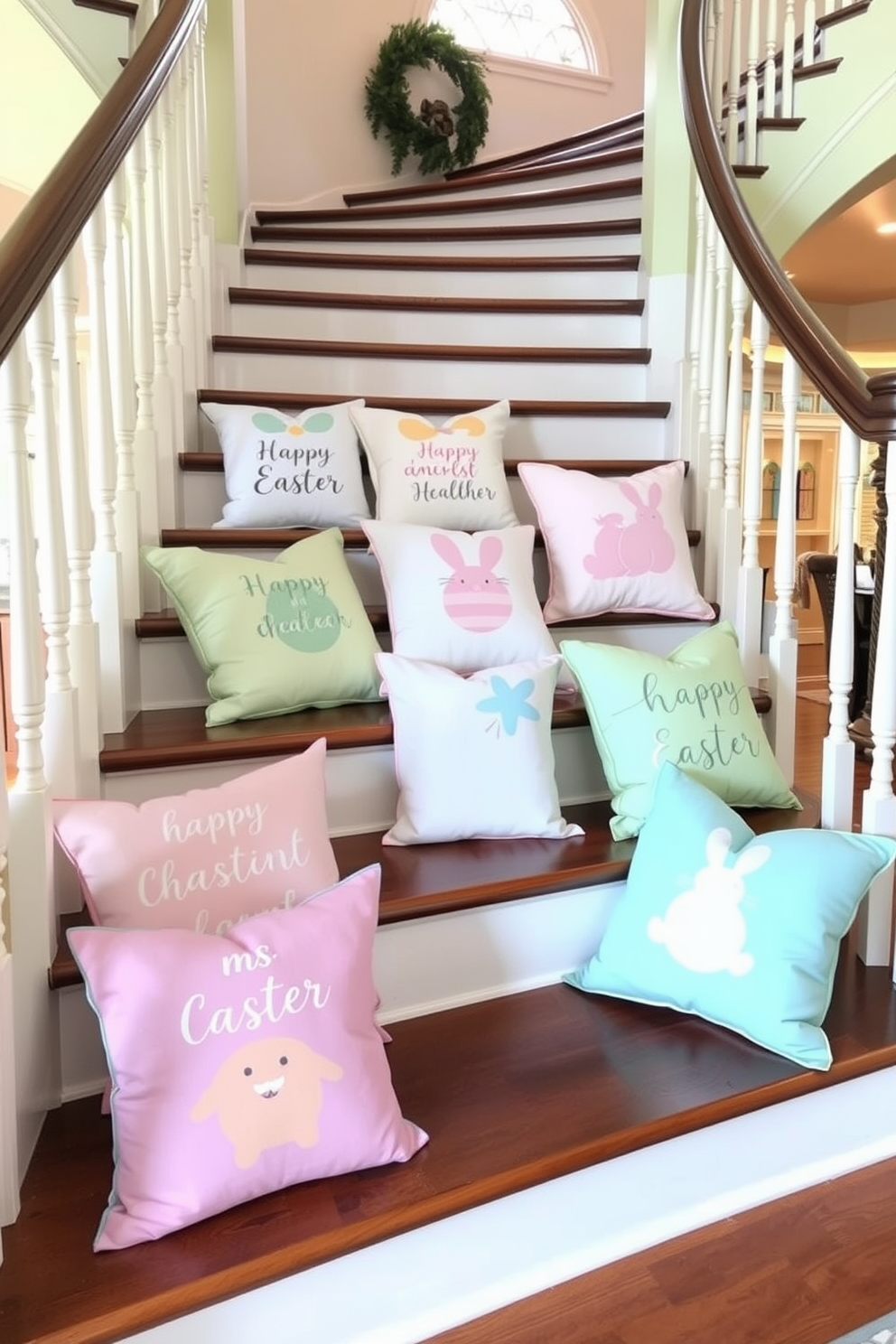 Easter-themed throw pillows are arranged on the steps of a grand staircase. The pillows feature pastel colors and cheerful designs, adding a festive touch to the home decor.