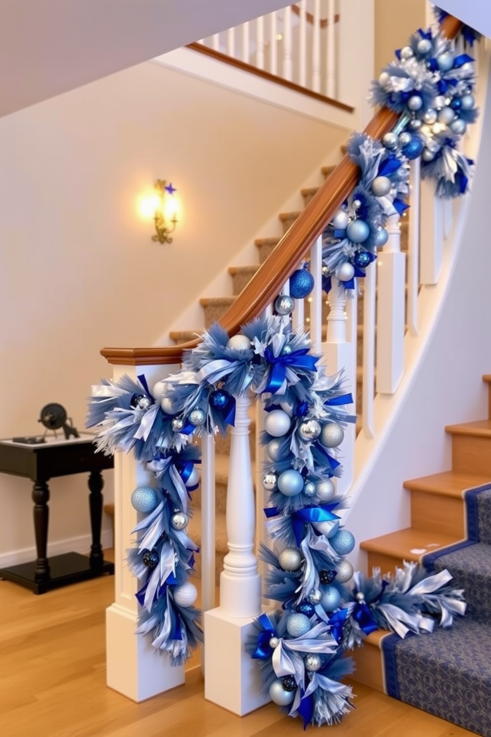 A beautiful staircase adorned with a festive Hanukkah garland draped elegantly along the railing. The garland features blue and silver ornaments, intertwined with twinkling fairy lights, creating a warm and inviting atmosphere.