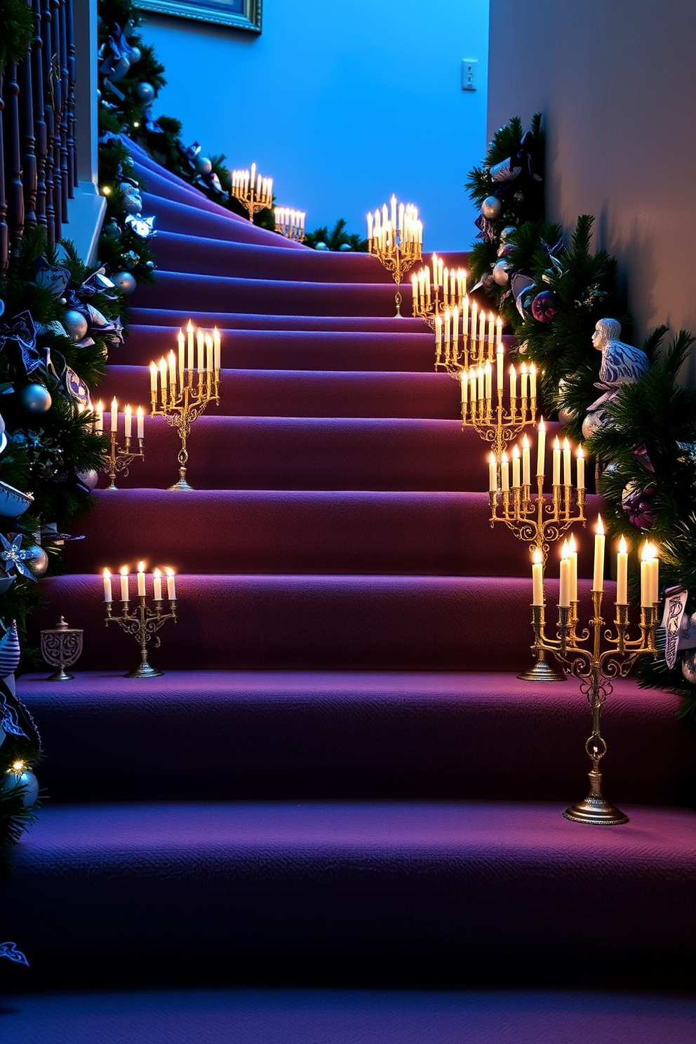 A beautiful staircase adorned with decorative glass jars filled with candles of varying heights. The warm glow from the candles creates a cozy atmosphere, enhancing the festive spirit of Hanukkah with elegant decorations.