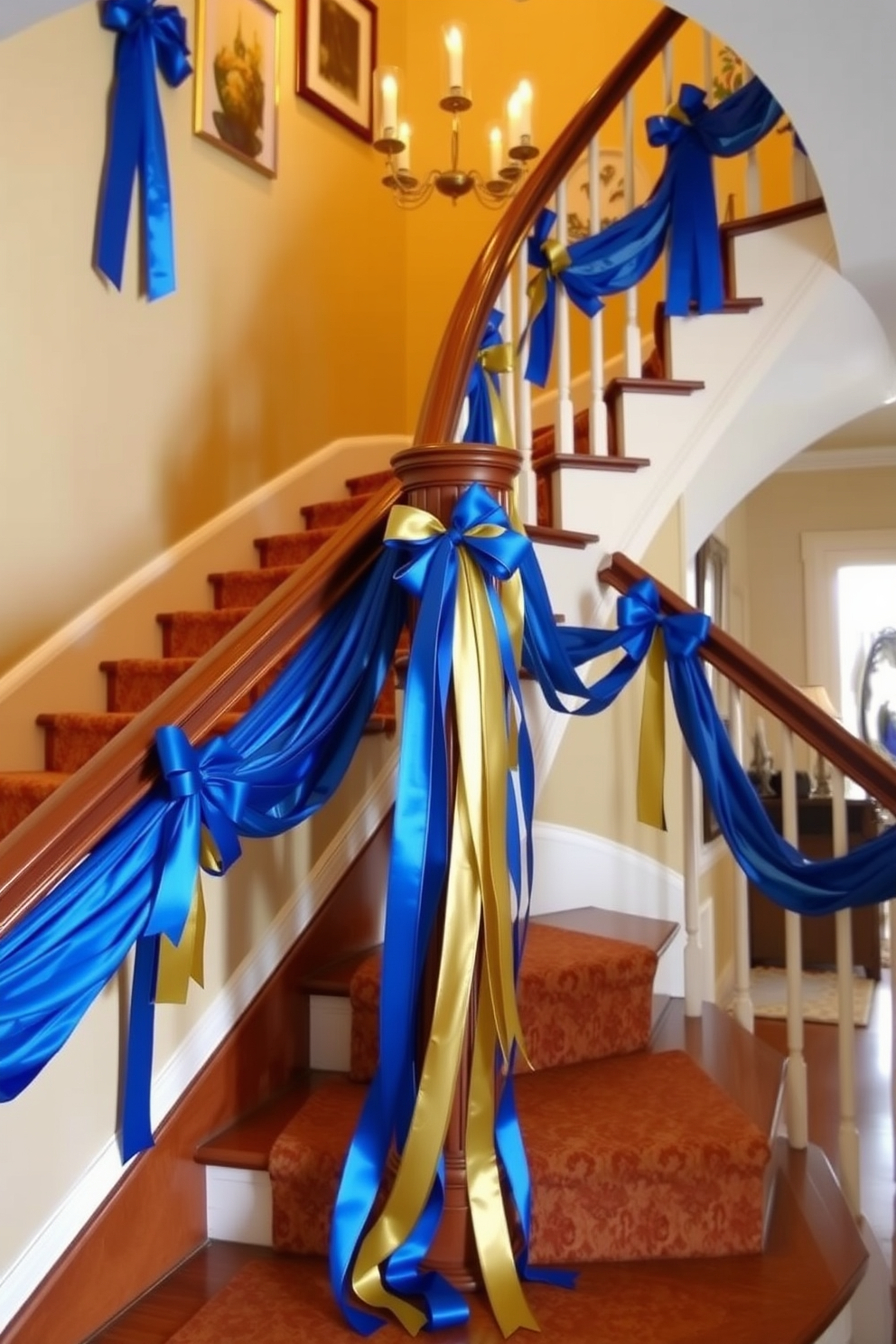 A stunning staircase adorned with ribbons in blue and gold cascading gracefully down the bannister. The festive decorations create a warm and inviting atmosphere, perfect for celebrating Hanukkah.