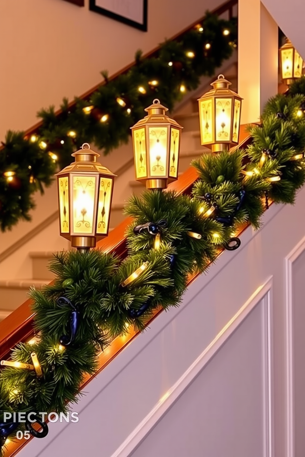 A beautifully decorated staircase adorned with decorative lanterns that cast a warm glow. The lanterns are strategically placed along the railing, creating an inviting atmosphere for the Hanukkah celebrations.