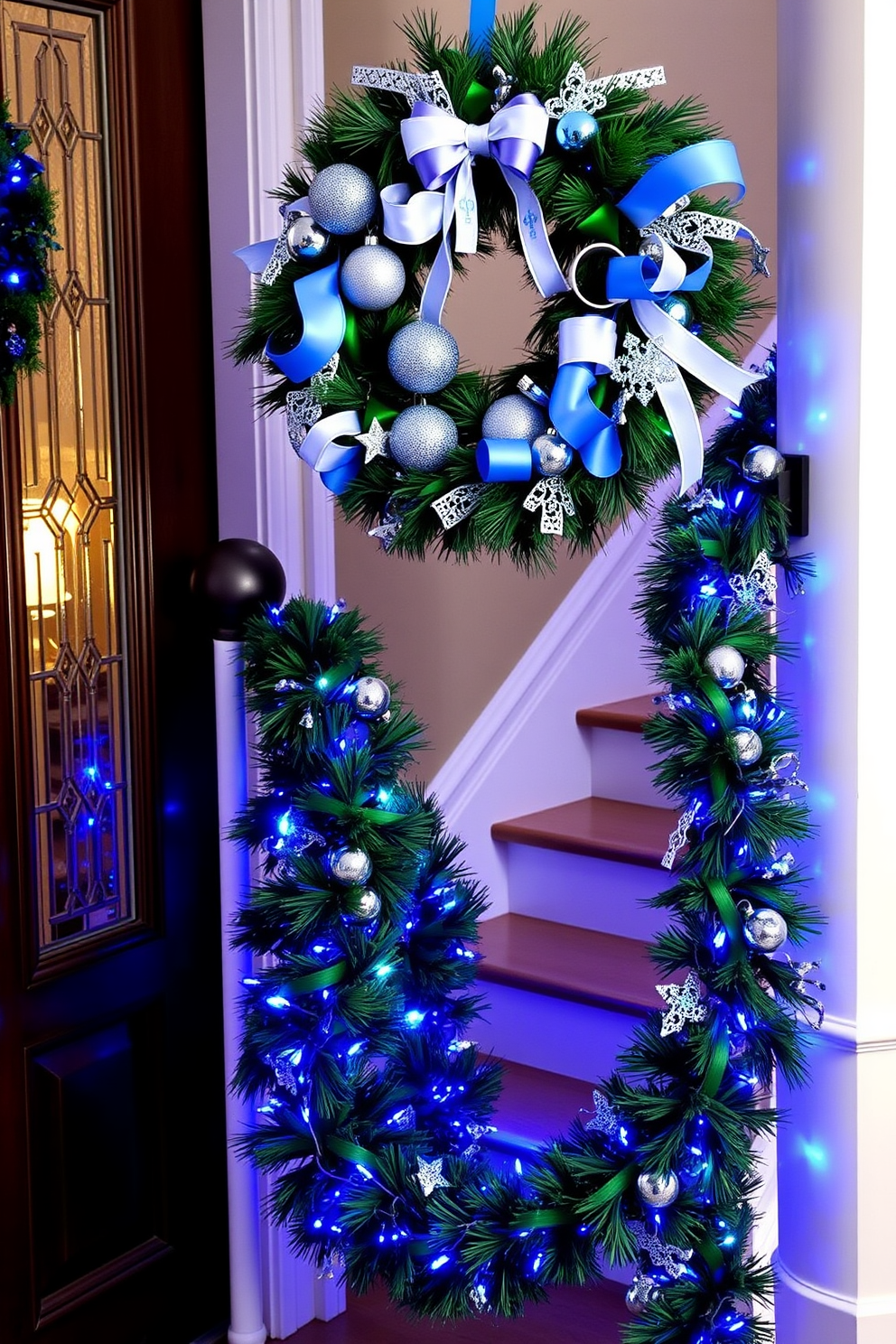 Framed family photos showcasing joyful Hanukkah celebrations adorn the walls, each picture capturing moments of togetherness and tradition. The frames are elegantly designed in gold, complementing the festive blue and silver color scheme of the decor. The staircase is adorned with garlands of greenery interspersed with blue and silver ornaments, creating a warm and inviting atmosphere. Twinkling string lights are wrapped around the banister, illuminating the space with a soft, festive glow.