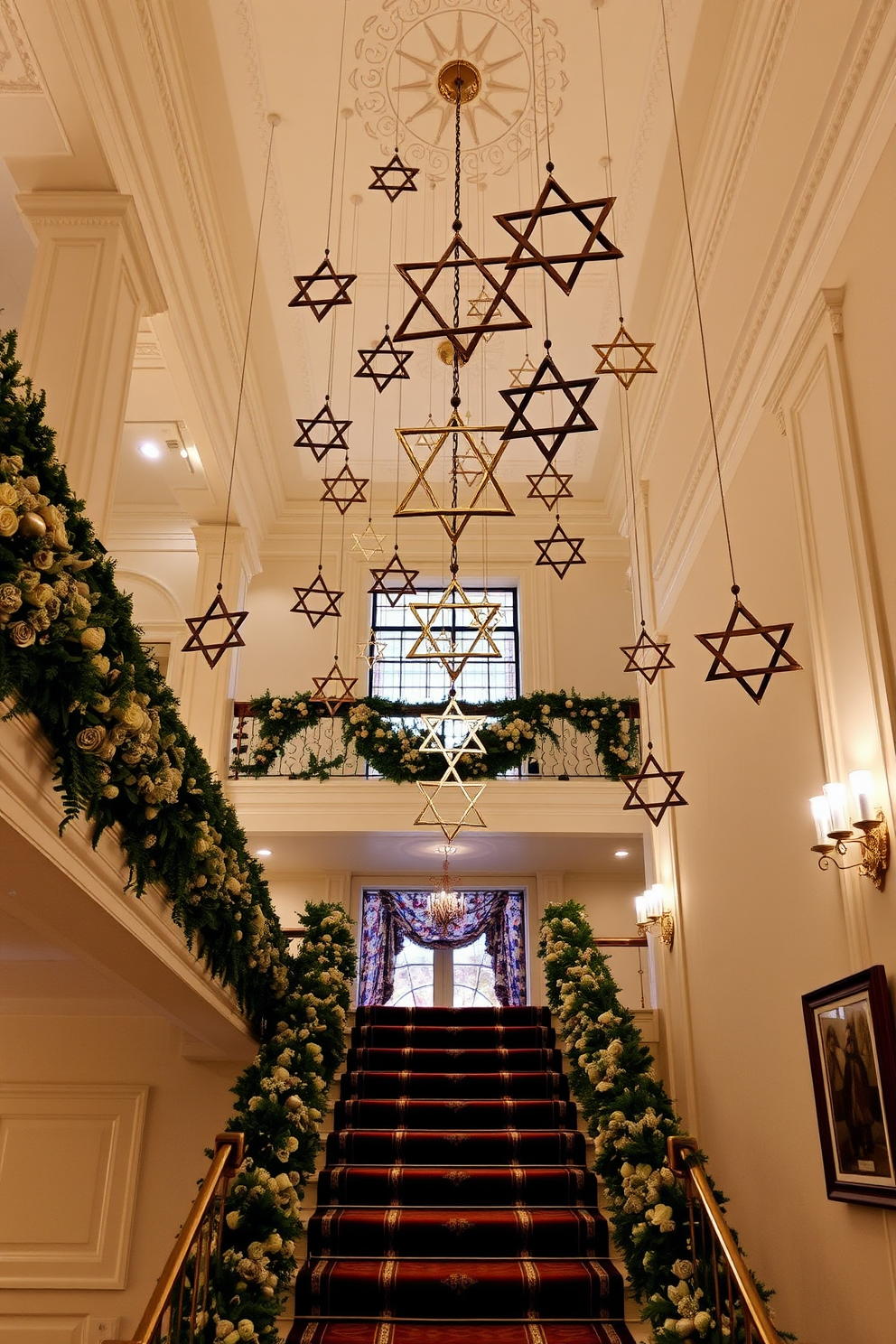 A DIY menorah crafted from recycled materials features a unique design using old glass bottles and wooden blocks. The candles are placed securely in the bottle tops, creating a colorful and eco-friendly centerpiece for the celebration. Staircase Hanukkah decorating ideas include wrapping the banister with blue and silver garlands. Hanging paper stars and dreidels along the staircase adds a festive touch to the home.