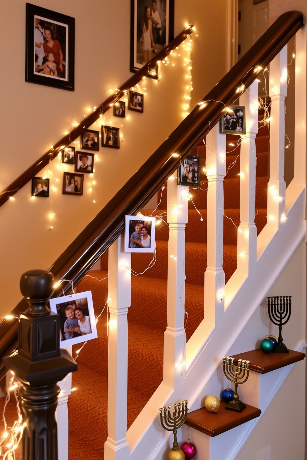 A warm and inviting staircase adorned with photo frames of past Hanukkah celebrations. The frames are arranged in a cascading pattern along the railing, featuring festive memories and joyful gatherings. Twinkling string lights are draped along the banister, creating a magical ambiance. Colorful ornaments and small menorahs are strategically placed on each step, enhancing the festive spirit of the staircase.