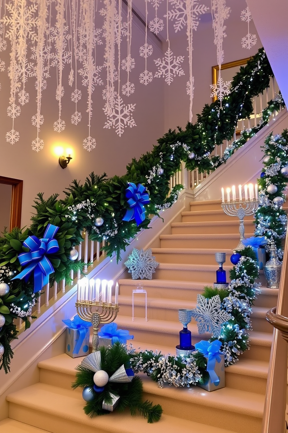 A whimsical winter wonderland setting featuring faux snowflakes cascading from the ceiling. The staircase is adorned with lush greenery and twinkling fairy lights, creating a magical ambiance. A festive Hanukkah display on the staircase with blue and silver decorations. Beautifully arranged menorahs and dreidels are placed along the steps, complemented by shimmering garlands.