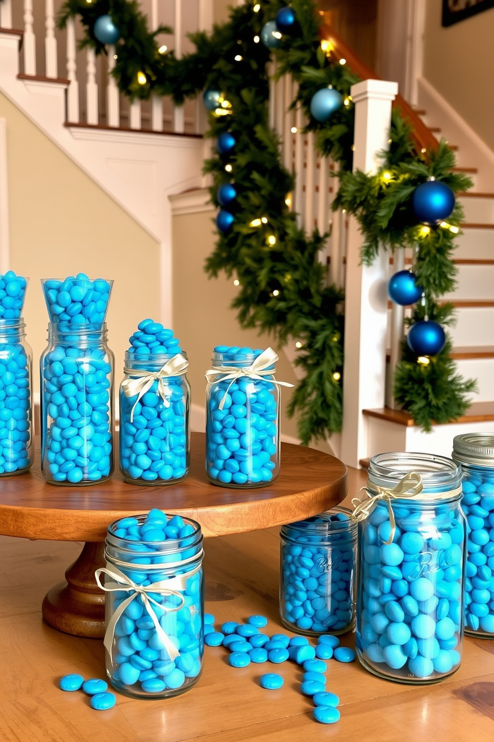 Mason jars filled with blue candies are arranged on a wooden table, creating a vibrant and festive display. The jars are various sizes, showcasing an assortment of blue sweets, and are accented with silver ribbons tied around their necks. The staircase is adorned with elegant garlands of greenery and blue ornaments, leading to a beautifully decorated landing. Soft white lights twinkle along the railing, enhancing the warm ambiance of the Hanukkah celebration.