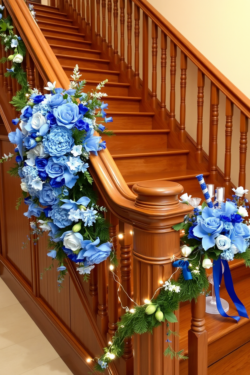 Small gift boxes wrapped in blue foil are arranged elegantly on a staircase. The staircase is adorned with festive decorations, including garlands of greenery and twinkling lights to enhance the Hanukkah spirit.