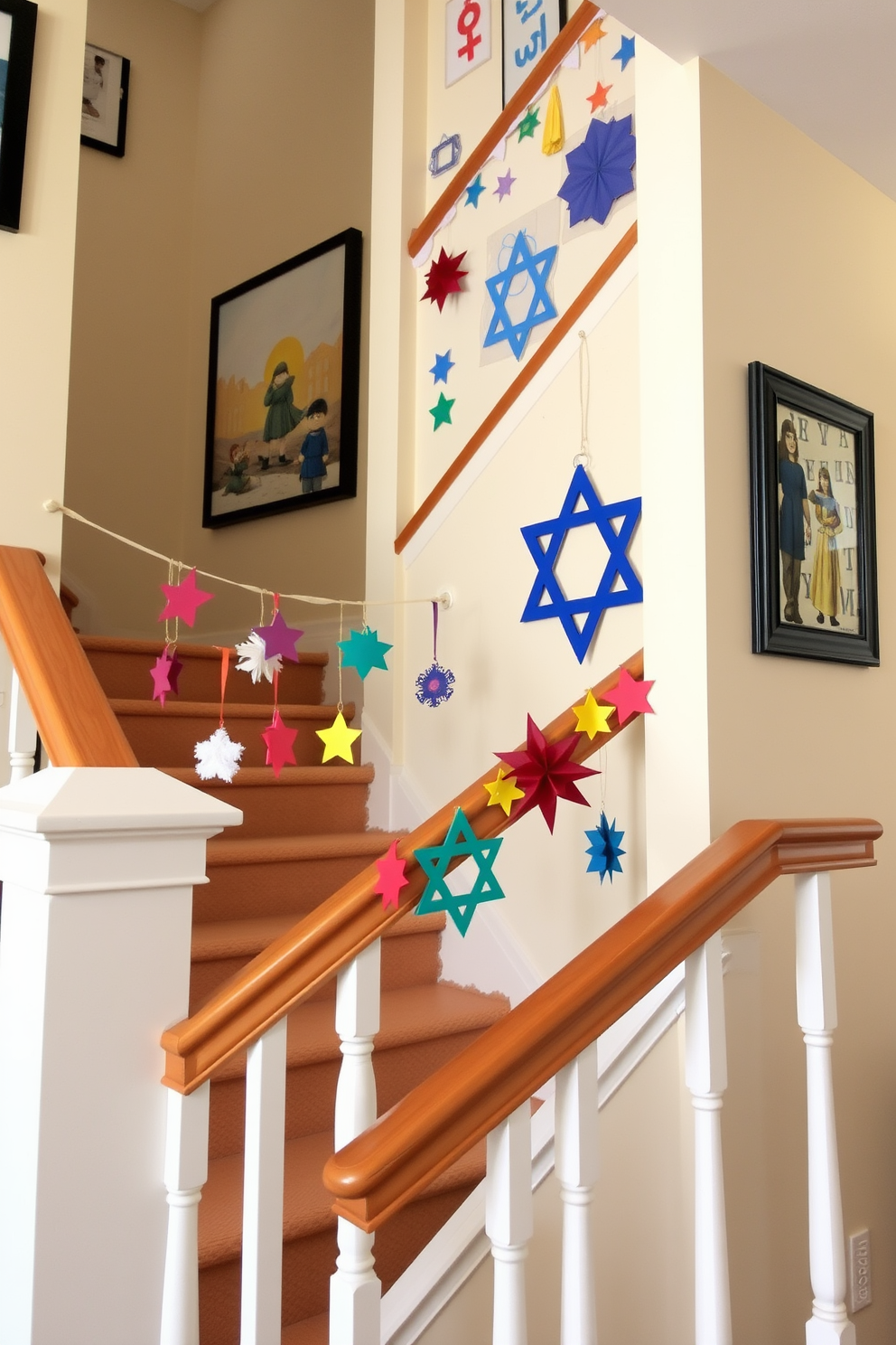 A cozy staircase adorned with seasonal throw blankets draped gracefully over the banister. The blankets feature festive patterns and colors that evoke the spirit of Hanukkah, creating a warm and inviting atmosphere.