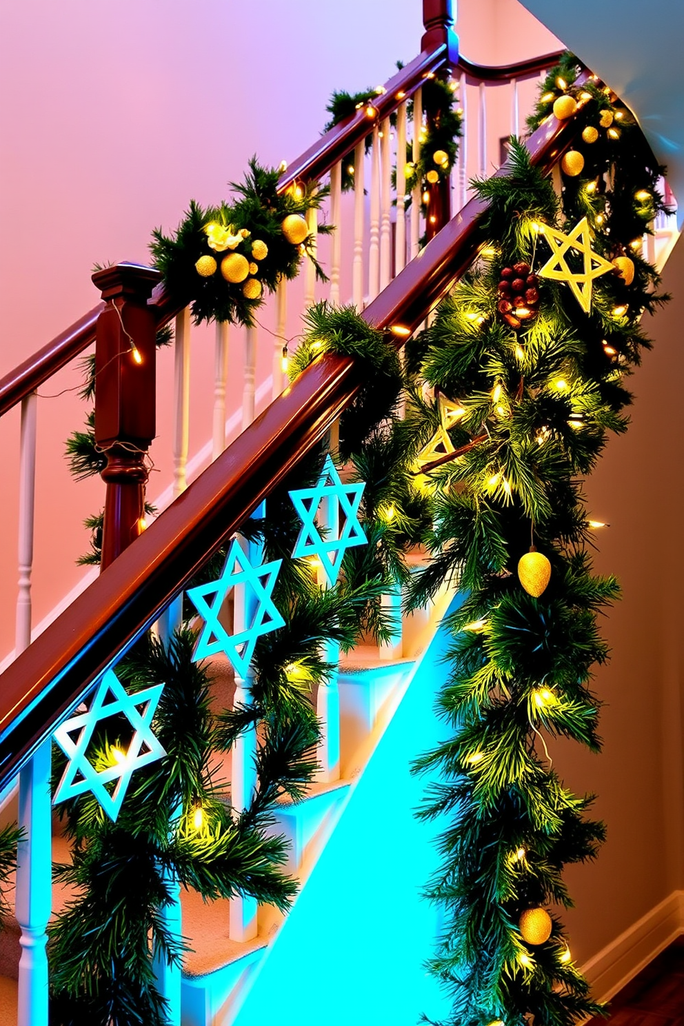 A beautifully decorated staircase features elegant Star of David cutouts along the railing, adding a festive touch to the space. The warm glow of string lights intertwined with greenery enhances the holiday spirit, creating a welcoming atmosphere for Hanukkah celebrations.