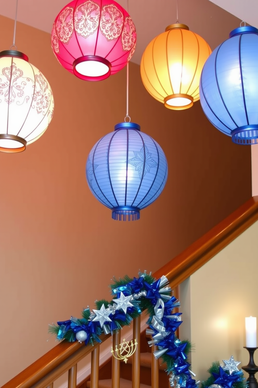 Hanging paper lanterns in festive colors create a warm and inviting atmosphere. The lanterns are adorned with intricate patterns and suspended at varying heights along the staircase. For Hanukkah decorating ideas, consider draping blue and silver garlands along the bannister. Add small decorative menorahs and star of David ornaments to enhance the festive spirit.