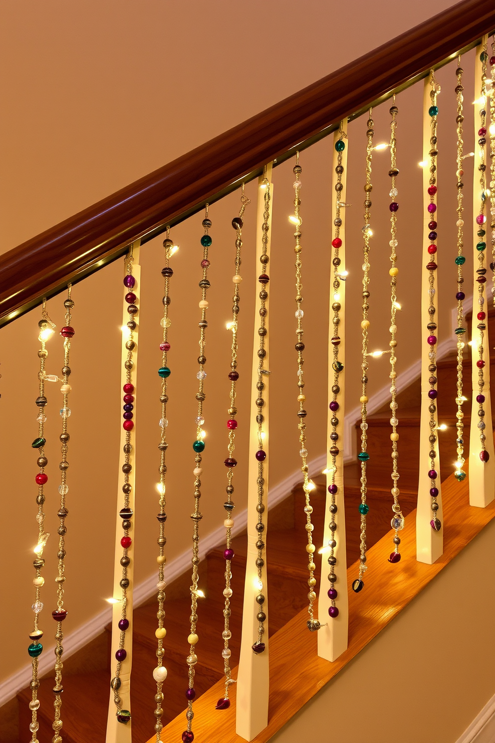 A festive table runner drapes elegantly along the edge of a beautifully decorated staircase. The runner features vibrant colors and intricate patterns that celebrate the spirit of Hanukkah, complemented by twinkling lights and decorative ornaments.