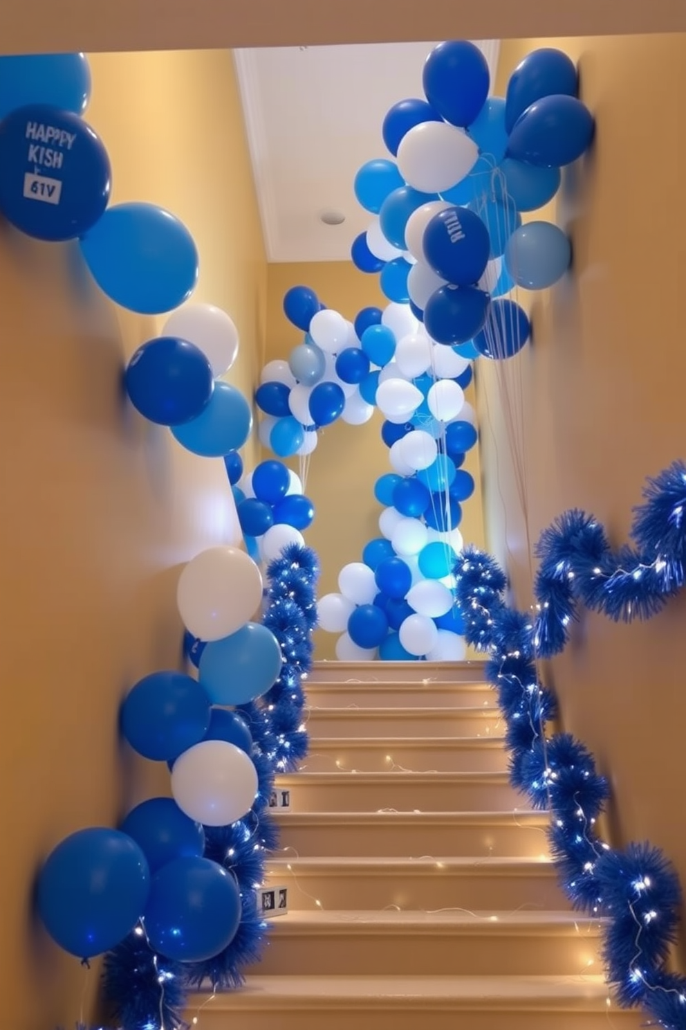 A stunning staircase adorned with elegant hanging crystal ornaments that catch the light beautifully. The staircase features a rich wooden banister and a soft runner that adds warmth and texture to the space. For Hanukkah, the staircase is decorated with blue and silver accents, including garlands and twinkling fairy lights. A collection of menorahs and decorative dreidels are artistically arranged along the steps, creating a festive and inviting atmosphere.