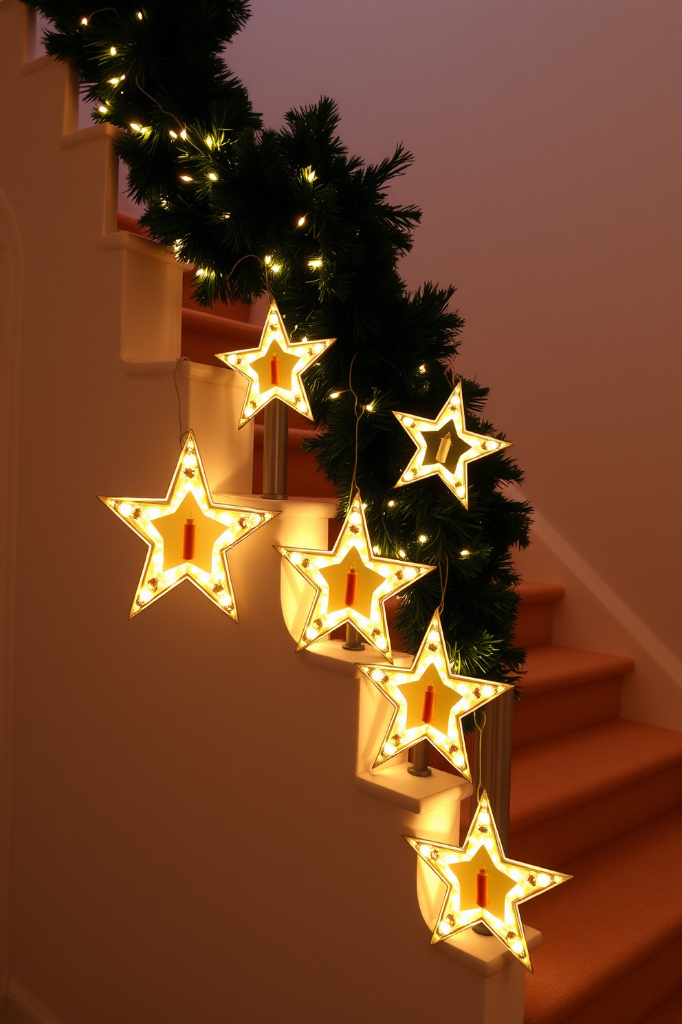 A collection of wall art featuring elegant Hanukkah quotes in stylish typography. The artwork is framed in gold and arranged in a gallery style on a soft blue wall. The staircase is adorned with festive decorations for Hanukkah, including blue and silver garlands. Small LED lights twinkle along the handrail, creating a warm and inviting atmosphere.