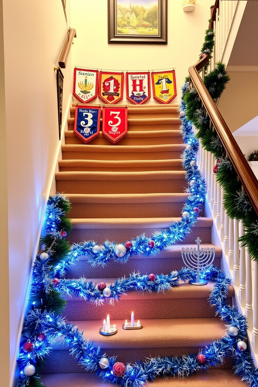 A personalized name banner for each family member is displayed along the staircase. The banners are crafted from colorful felt, featuring intricate designs and festive motifs that celebrate the spirit of family. For Hanukkah decorating ideas, the staircase is adorned with shimmering blue and silver garlands. Each step is highlighted with decorative menorahs and traditional dreidels, creating a warm and inviting atmosphere for the holiday season.