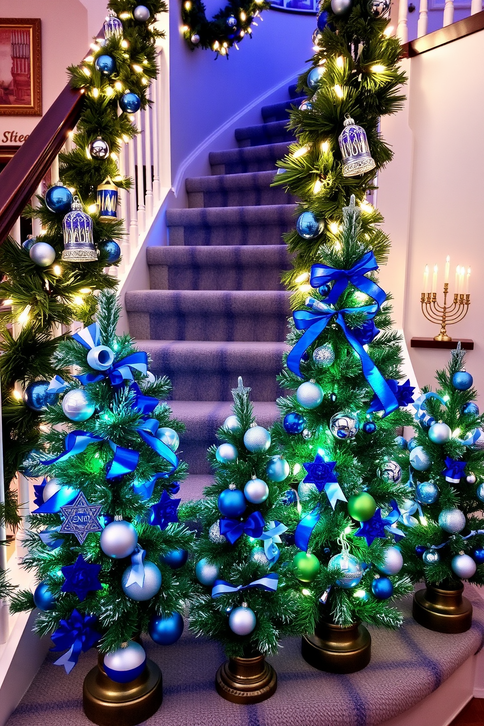 Mini Christmas trees adorned with Hanukkah decorations create a festive and harmonious blend of holiday spirit. Each tree is decorated with blue and silver ornaments, dreidels, and ribbons that reflect the colors of Hanukkah. The staircase is elegantly draped with garlands and string lights that highlight the beauty of the season. Incorporate menorahs and star of David accents along the railing to enhance the festive atmosphere.