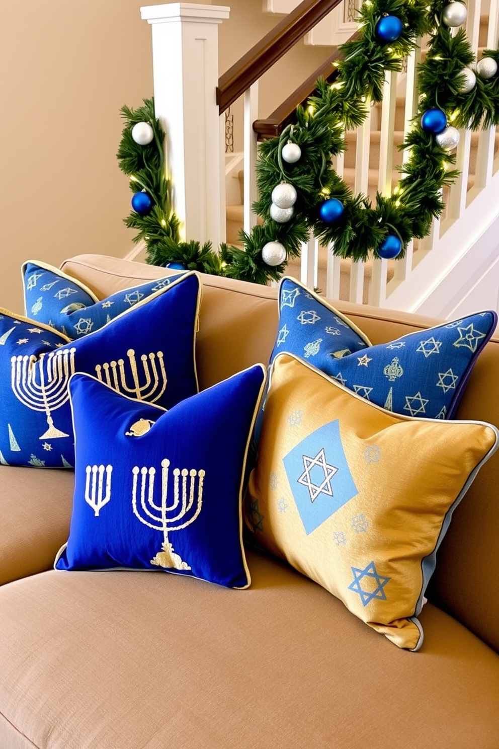 Decorative pillows with Hanukkah motifs are arranged on a plush sofa, featuring vibrant blues and golds that capture the festive spirit. Each pillow showcases unique designs such as menorahs, dreidels, and Star of David patterns, adding warmth and charm to the living space. The staircase is adorned with garlands of greenery interspersed with blue and white ornaments that reflect the colors of Hanukkah. Soft lights twinkle along the railing, creating a welcoming atmosphere that celebrates the holiday season.