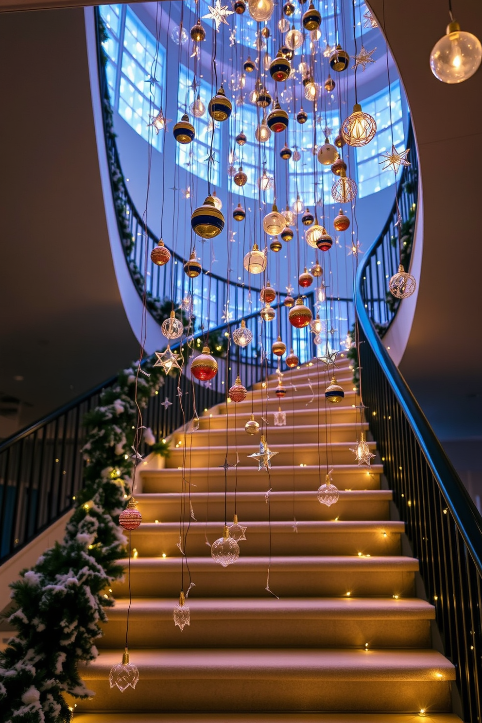 A beautifully crafted wooden dreidel serves as the centerpiece on the stair landing, showcasing intricate carvings that reflect the festive spirit of Hanukkah. Surrounding the dreidel, soft white lights twinkle gently, creating a warm and inviting atmosphere for holiday celebrations. The staircase is adorned with elegant garlands made of evergreen branches, interspersed with blue and silver ornaments that echo the colors of the season. At each step, small decorative candles are placed, casting a soft glow that enhances the festive decor and brings a sense of joy to the home.