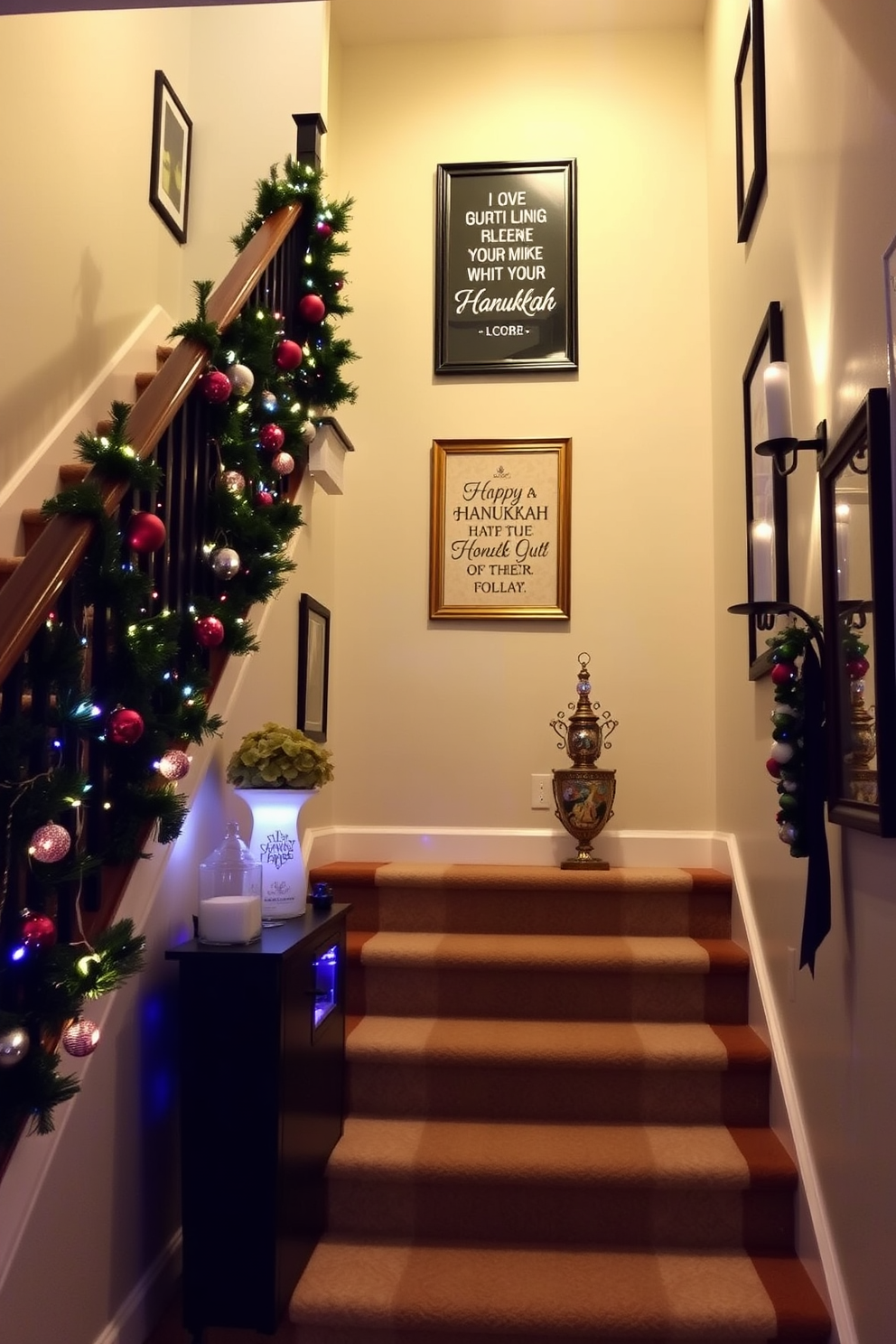 A cozy staircase adorned with festive decorations for Hanukkah. The walls feature hanging quotes that celebrate the spirit of the holiday, beautifully framed and illuminated by soft lighting.