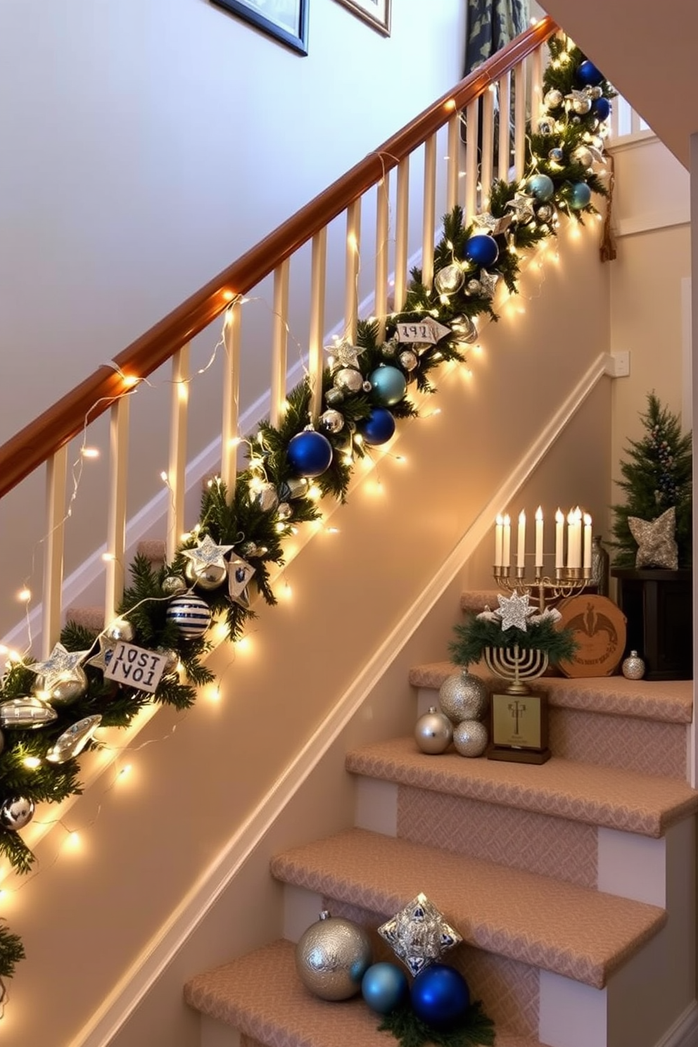 A cozy staircase adorned with twinkling string lights creates a warm and festive ambiance. The lights are draped elegantly along the banister, illuminating the space with a soft glow. For Hanukkah, the staircase is decorated with blue and silver accents, including garlands and ornaments. Menorahs and dreidels are placed strategically along the steps, enhancing the holiday spirit.