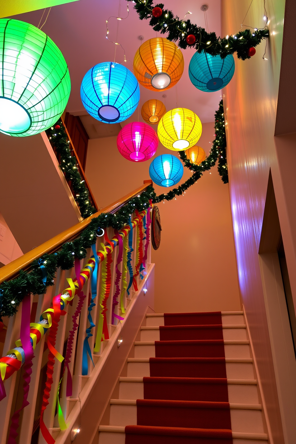 A vibrant staircase adorned with colorful paper chains creates a cheerful atmosphere for the holiday season. The chains are draped elegantly along the railing, adding a festive touch to the steps below. Brightly colored paper lanterns hang from the ceiling above the staircase, casting a warm glow throughout the space. Decorative garlands interspersed with twinkling lights enhance the joyful ambiance, making it a perfect setting for Hanukkah celebrations.