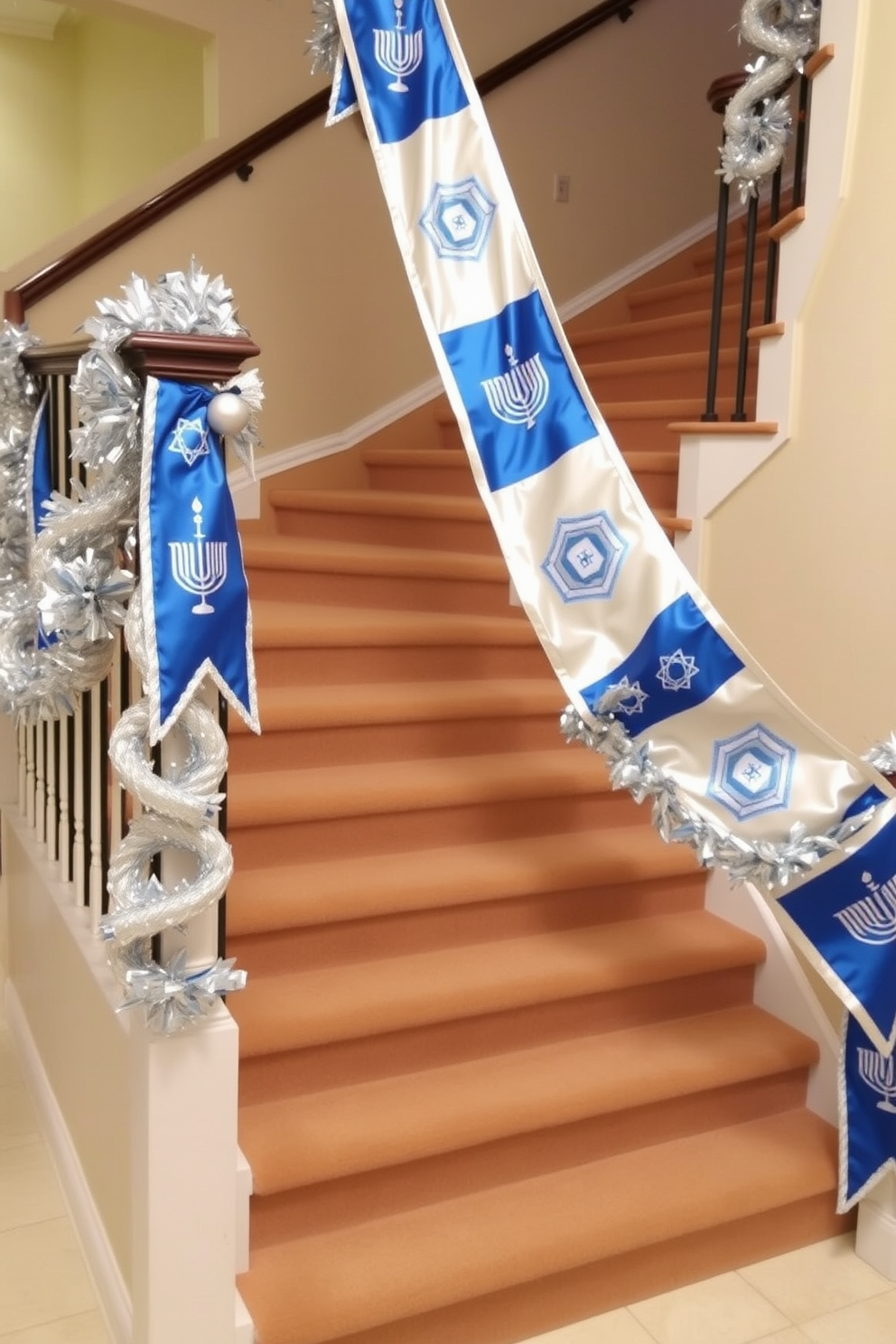 A festive staircase adorned with Hanukkah themed banners gracefully drapes from the banister. The banners feature vibrant blue and silver colors, showcasing traditional symbols like menorahs and dreidels, creating a warm and inviting atmosphere.