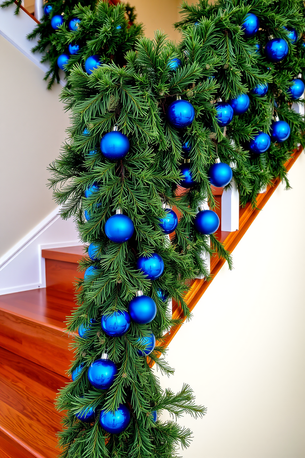 Hanukkah themed pillows are arranged on the stair steps, featuring vibrant blue and white colors with Star of David patterns. Soft lighting illuminates the staircase, enhancing the festive atmosphere with garlands of silver and gold accents draped along the railing.