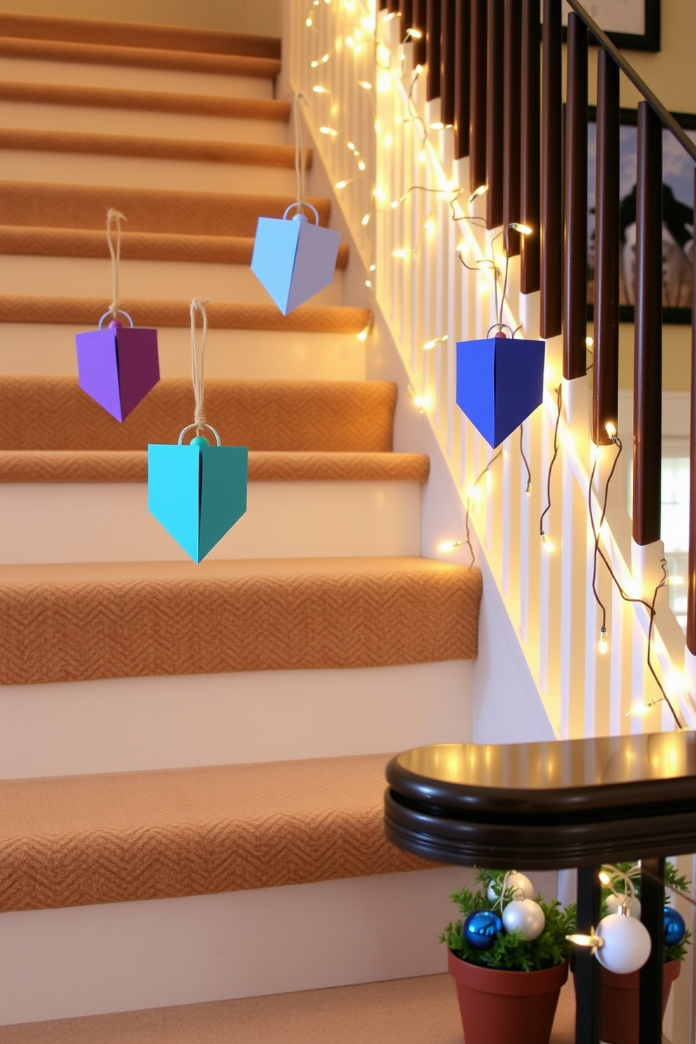 Create a festive atmosphere with DIY dreidel decorations adorning the staircase steps. Each dreidel is crafted from colorful paper and hung with twine, adding a playful touch to the holiday decor. Emphasize the spirit of Hanukkah with twinkling string lights intertwined along the banister. Incorporate small potted plants with blue and white ornaments to enhance the seasonal charm.