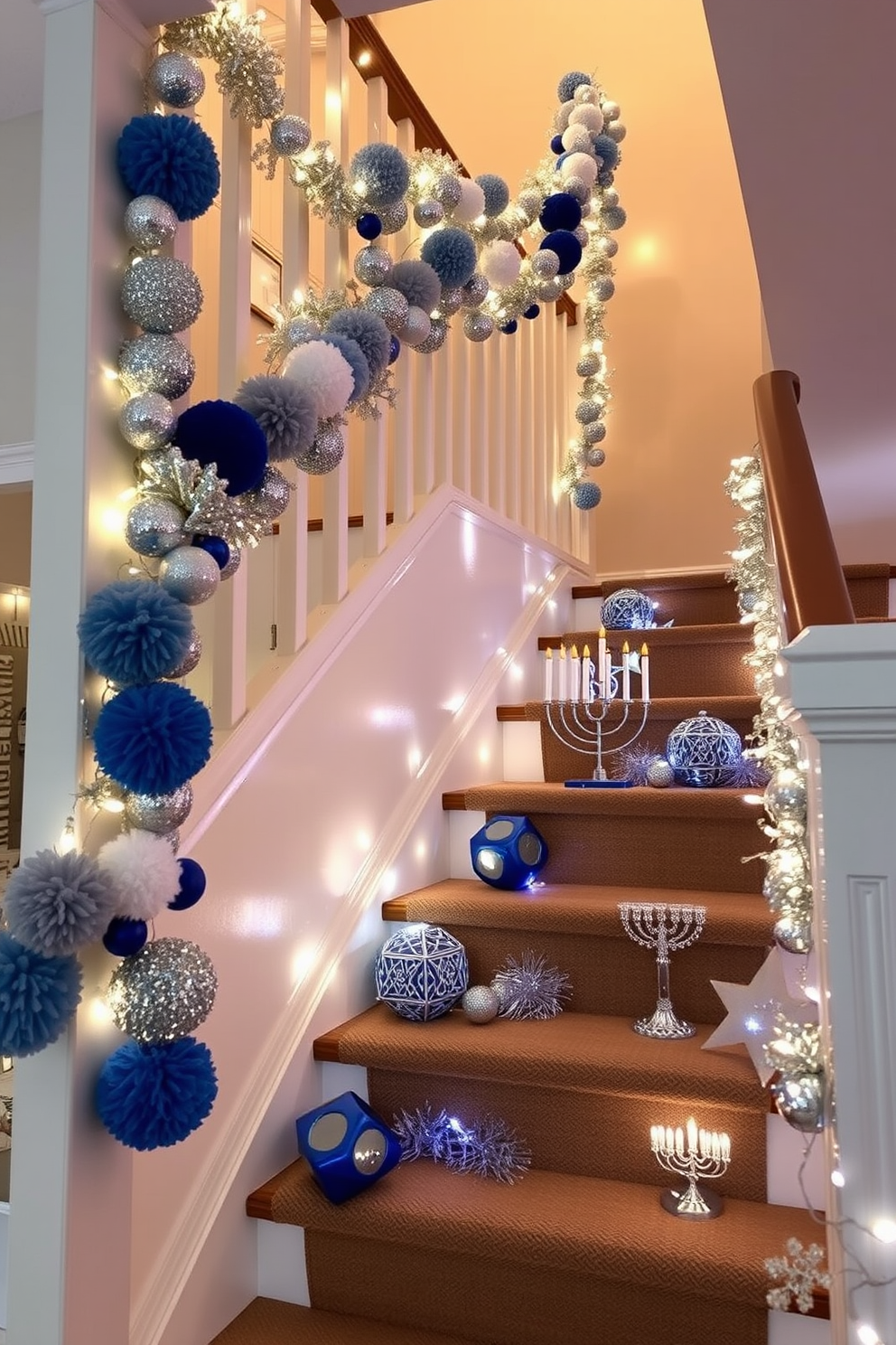 A beautiful staircase adorned with a wreath made of blue and white flowers. The wreath is elegantly placed at the base of the staircase, complementing the warm wooden steps and the soft glow of decorative lights. For Hanukkah, the staircase is decorated with shimmering blue and silver garlands. Traditional menorahs and star of David ornaments hang gracefully along the railing, creating a festive and inviting atmosphere.