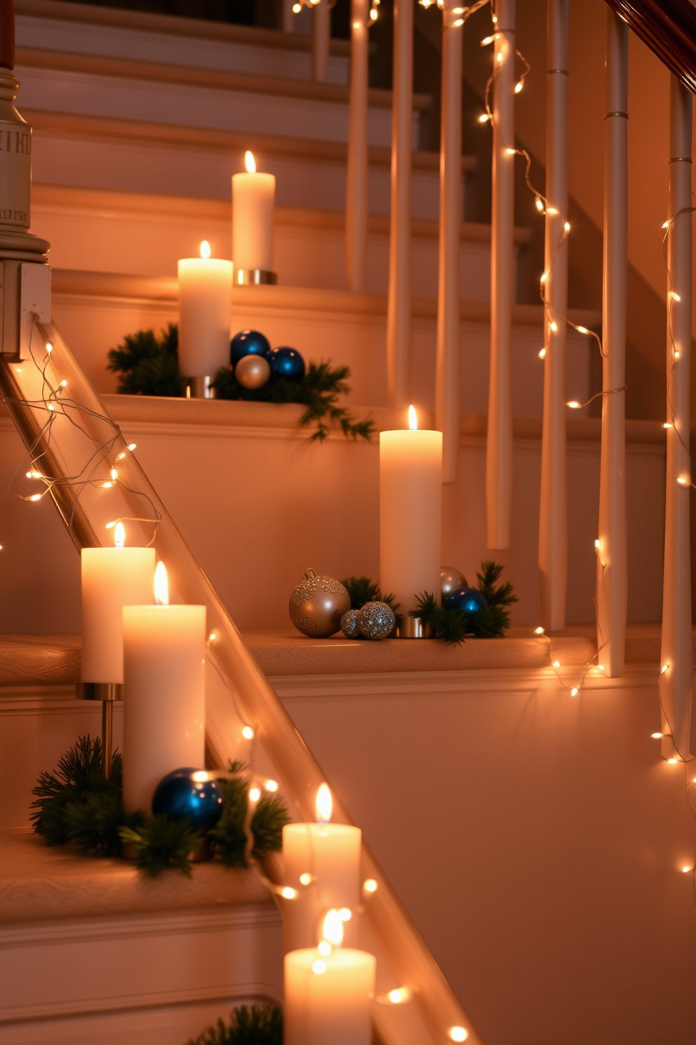 Candles are elegantly arranged on the staircase ledges, creating a warm and inviting ambiance. The soft glow of the candles enhances the festive spirit of Hanukkah, illuminating the staircase with a gentle light. Decorative elements like blue and silver ornaments are interspersed among the candles, adding a touch of holiday cheer. Twinkling string lights are draped along the railing, complementing the candles and creating a magical atmosphere for the celebration.