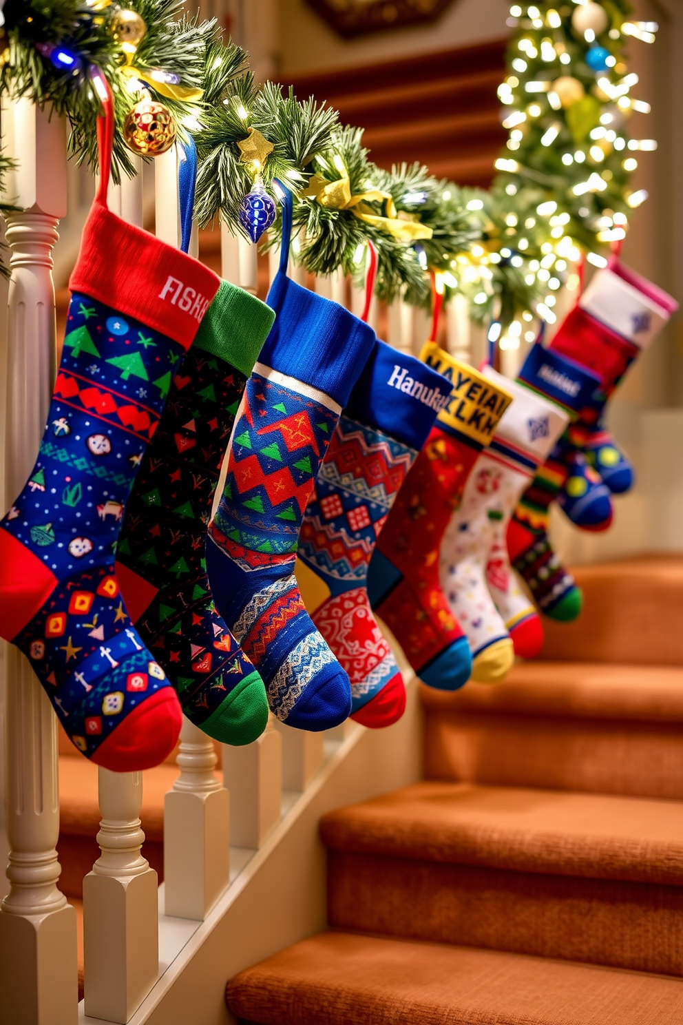 Colorful Hanukkah socks are hung like stockings along a festive staircase adorned with twinkling lights. Each sock features unique patterns and vibrant colors, creating a cheerful and welcoming atmosphere for the holiday season.