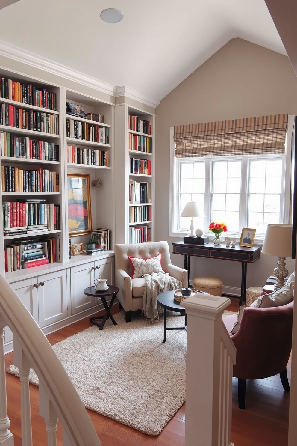 Cozy reading nook with cushions and bookshelves. A plush armchair is nestled in the corner, surrounded by a collection of colorful cushions. Tall bookshelves line the walls, filled with a variety of books and decorative items. Soft lighting from a nearby floor lamp creates a warm and inviting atmosphere. Staircase landing design ideas. A stylish console table is placed against the wall, adorned with decorative objects and a mirror above it. The landing features a cozy seating area with a small bench and a few potted plants to bring in a touch of greenery.