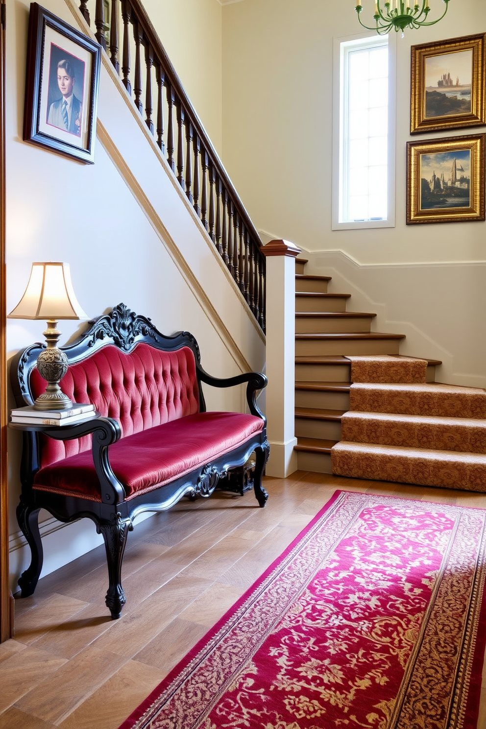 A vintage trunk sits elegantly in the corner of the staircase landing, serving as both a stylish storage solution and a decorative accent. The trunk is adorned with intricate metal details and rich, weathered leather, complementing the warm wooden tones of the landing. The staircase landing features a cozy seating nook with a plush armchair beside the trunk. Soft, ambient lighting creates an inviting atmosphere, enhancing the vintage charm of the space.