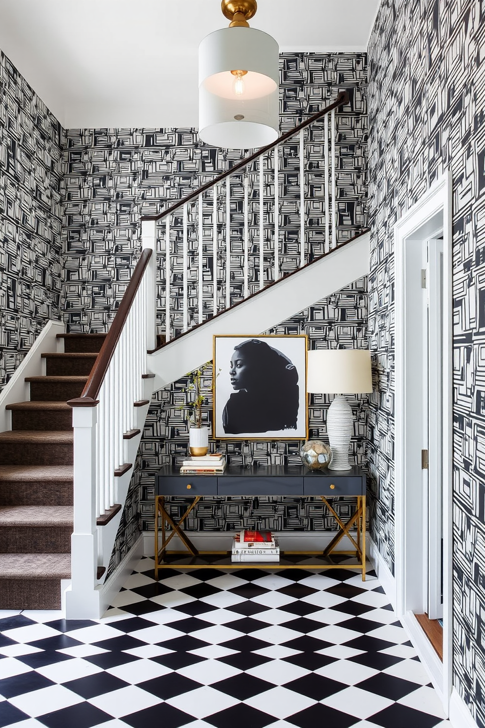 A striking staircase landing adorned with bold, graphic wallpaper that adds a dynamic focal point to the space. The landing features a sleek console table with decorative items and a stylish light fixture overhead, enhancing the overall aesthetic.