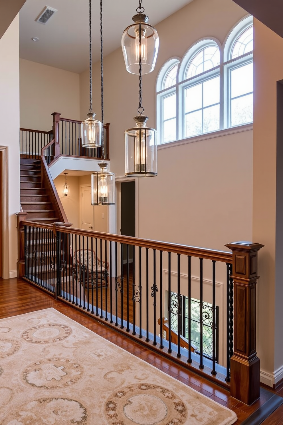 A stylish staircase landing features a large statement mirror that reflects light and creates an illusion of depth. The walls are adorned with soft neutral tones, complemented by a plush area rug that adds warmth to the space.