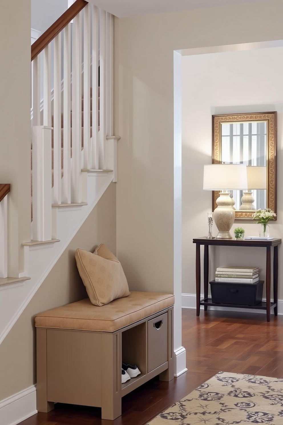 A functional storage bench for organization is placed against the wall in a cozy entryway. The bench features a cushioned seat and ample storage space underneath for shoes and bags. The staircase landing is designed with a blend of elegance and practicality. A small console table is positioned against the wall, adorned with decorative items and a stylish lamp, creating a welcoming atmosphere.