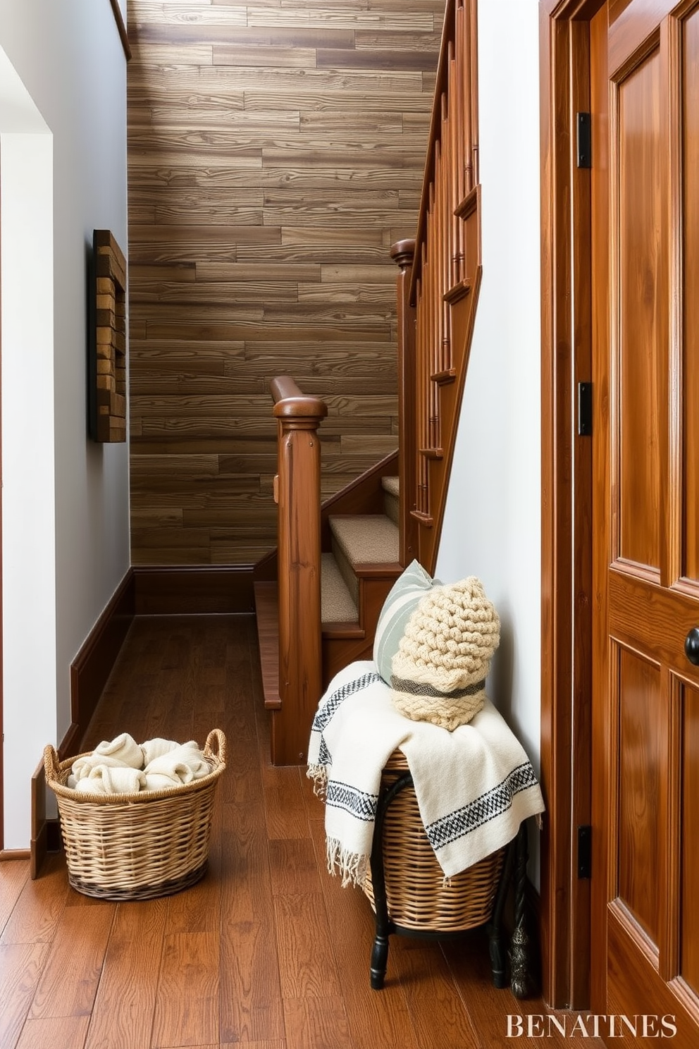 A cozy staircase landing featuring rustic wood accents that add warmth and charm. The walls are adorned with textured wood panels, and a vintage bench sits against one side, complemented by a woven basket filled with blankets.