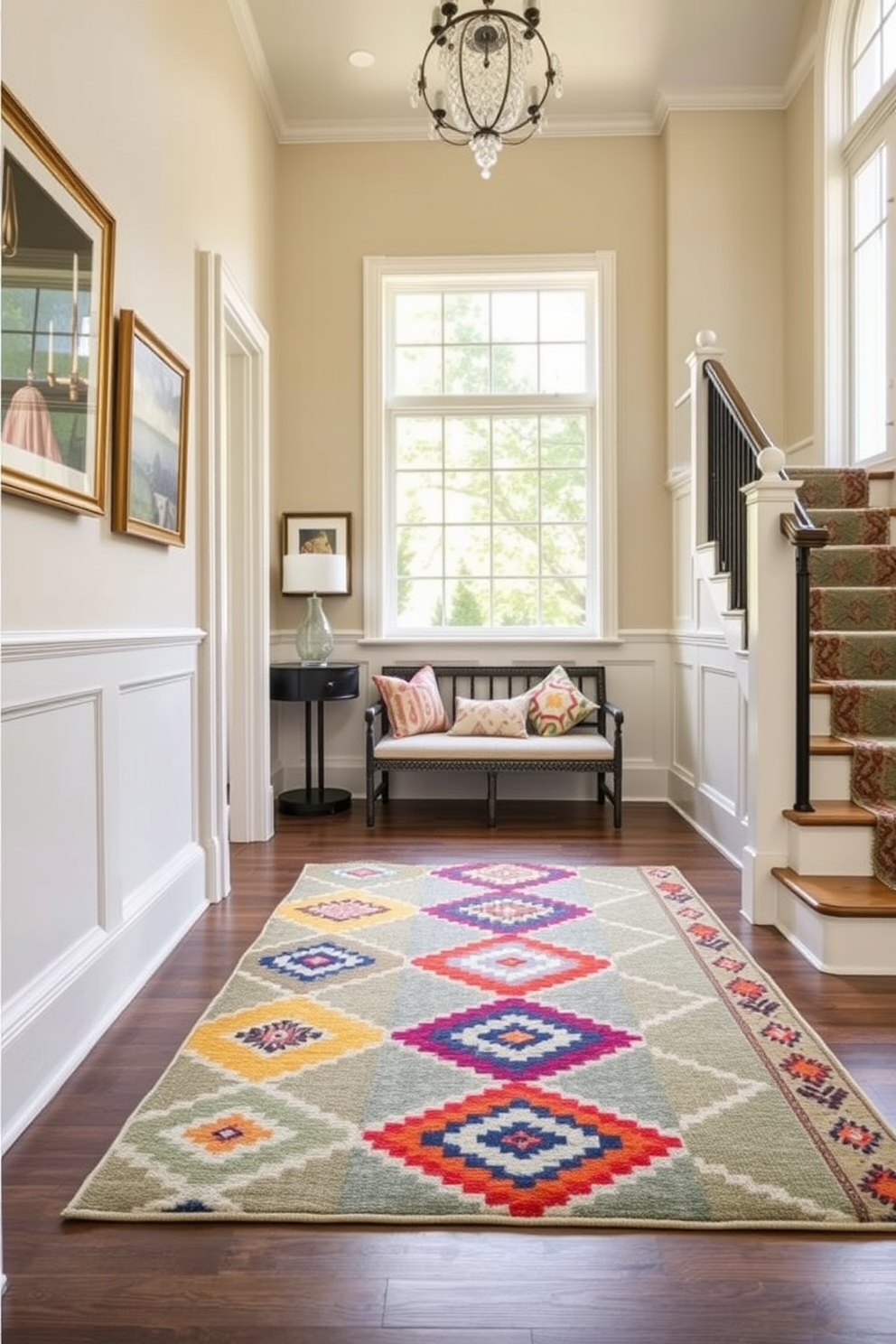 A colorful area rug is placed on the floor to define the space, featuring bold geometric patterns in vibrant hues that complement the surrounding decor. The rug adds warmth and texture, creating an inviting atmosphere in the room. The staircase landing is designed with a blend of functionality and style, showcasing a small seating area with a chic bench and decorative pillows. Natural light floods the space through a large window, highlighting the elegant staircase railing and artwork displayed on the walls.