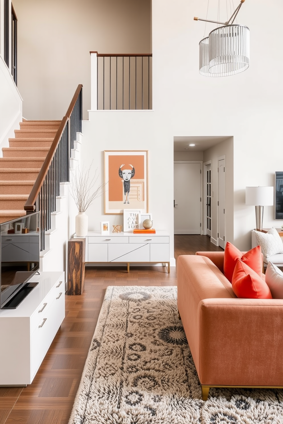 Sleek modern furniture arranged thoughtfully to create a chic and inviting living space. The color palette features neutral tones with pops of bold color, complemented by minimalist decor elements. The staircase landing showcases a stylish console table with decorative art pieces above it. A plush area rug anchors the space, while a statement light fixture adds a touch of elegance.