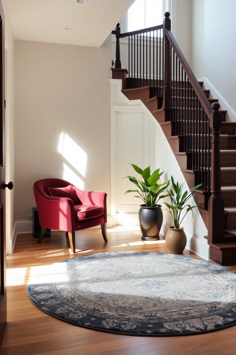 A cozy accent chair upholstered in a rich velvet fabric sits in the corner of a well-lit room. It features elegant wooden legs and a plush cushion, creating a perfect spot for relaxation and conversation. The staircase landing boasts a stunning design with a large round rug that adds warmth and texture. Flanking the rug are two stylish potted plants that enhance the inviting atmosphere of the space.