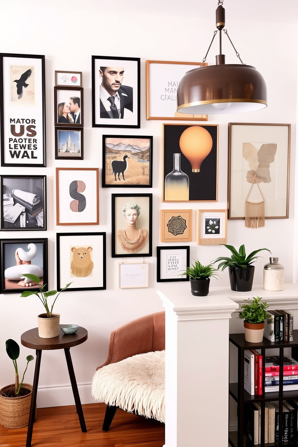 Personalized wall art for unique touch. A gallery wall featuring an eclectic mix of framed photographs, abstract paintings, and handmade crafts, all arranged in a harmonious layout. Staircase landing design ideas. A cozy nook with a plush armchair, a small side table, and a statement pendant light, complemented by potted plants and decorative books on a nearby shelf.