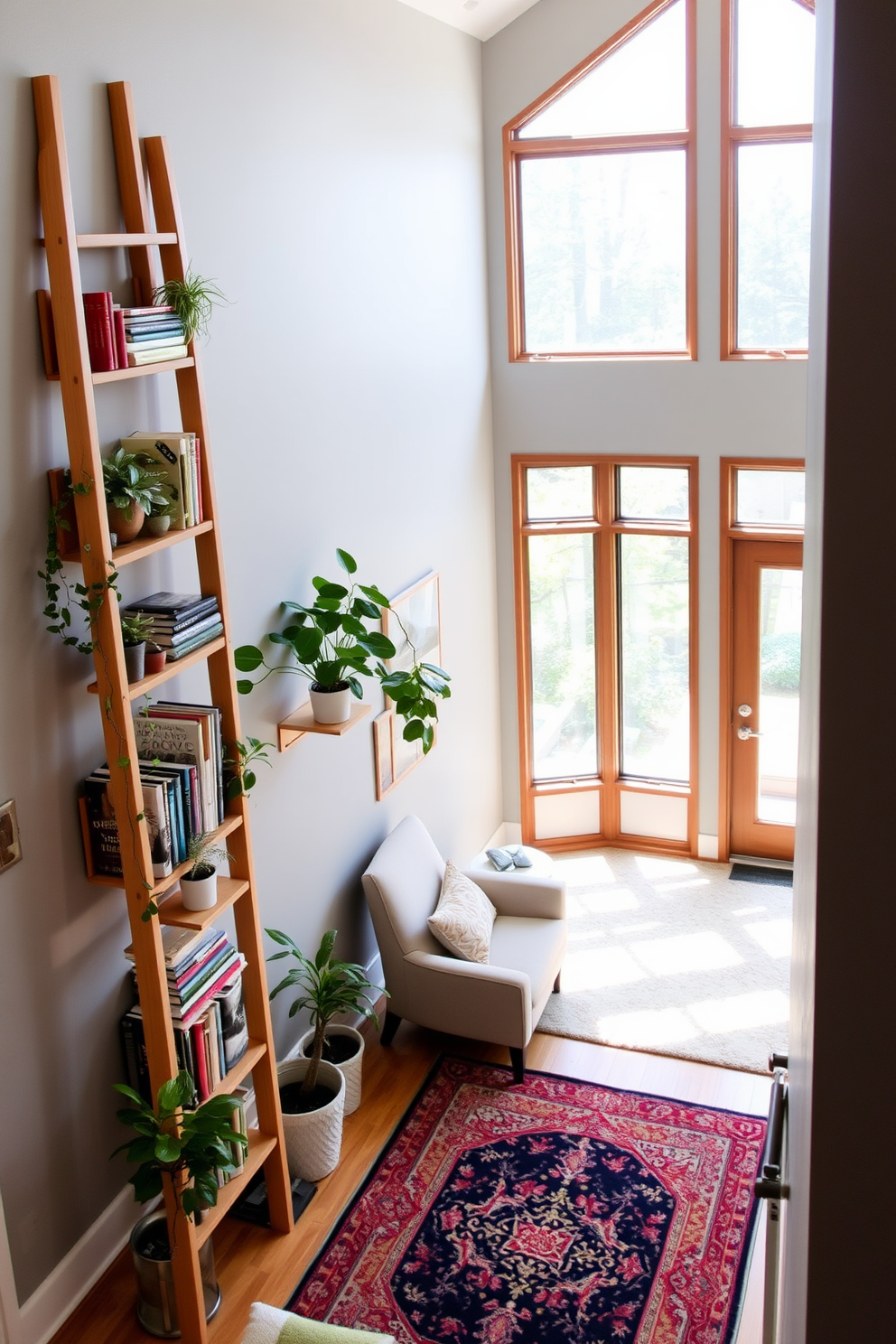 A stylish ladder shelf made of natural wood is positioned against a light gray wall. It holds an assortment of colorful books and various potted plants, creating a vibrant and inviting atmosphere. The staircase landing features a cozy nook with a plush armchair and a small side table. Large windows allow natural light to flood the space, highlighting a beautiful area rug that adds warmth and texture.