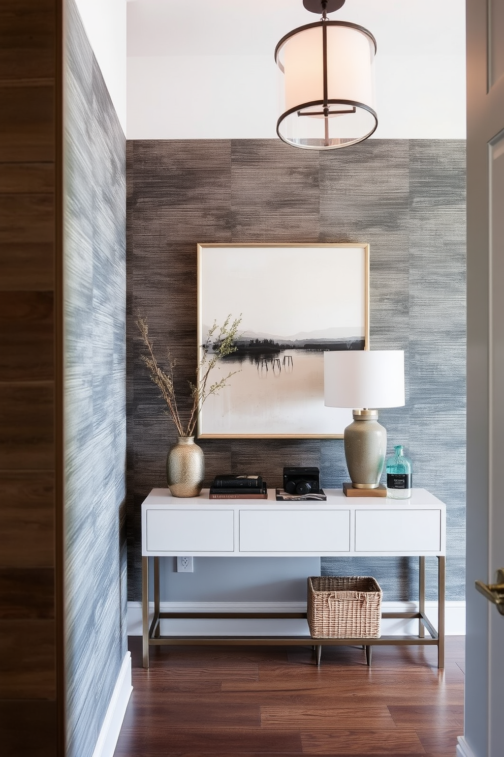 A functional shoe storage area is integrated beneath the staircase, featuring custom cabinetry with pull-out drawers and open shelving for easy access. The design incorporates a stylish bench for seating, allowing for comfortable shoe changes while maintaining a clean and organized look. The staircase landing is designed to create an inviting transition space, adorned with a small console table and decorative accents. Soft lighting highlights the area, enhancing the overall aesthetic and providing a warm atmosphere.