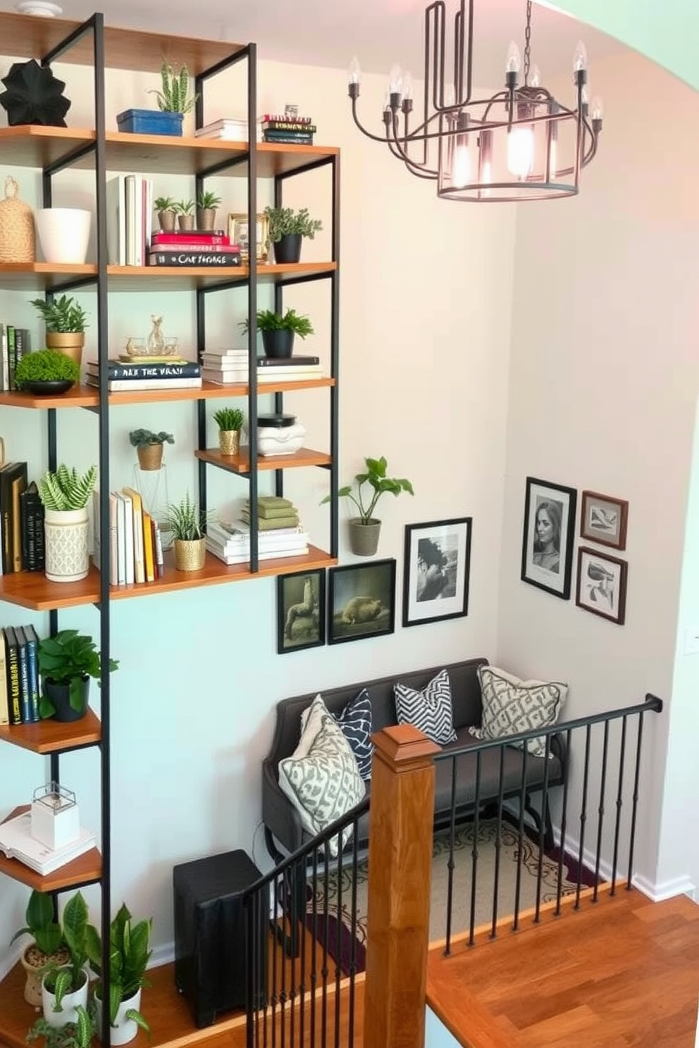 A cozy staircase landing features a personalized welcome sign made of reclaimed wood, elegantly adorned with hand-painted letters. Surrounding the sign, soft lighting illuminates the space, highlighting a small potted plant and a decorative bench for added charm.